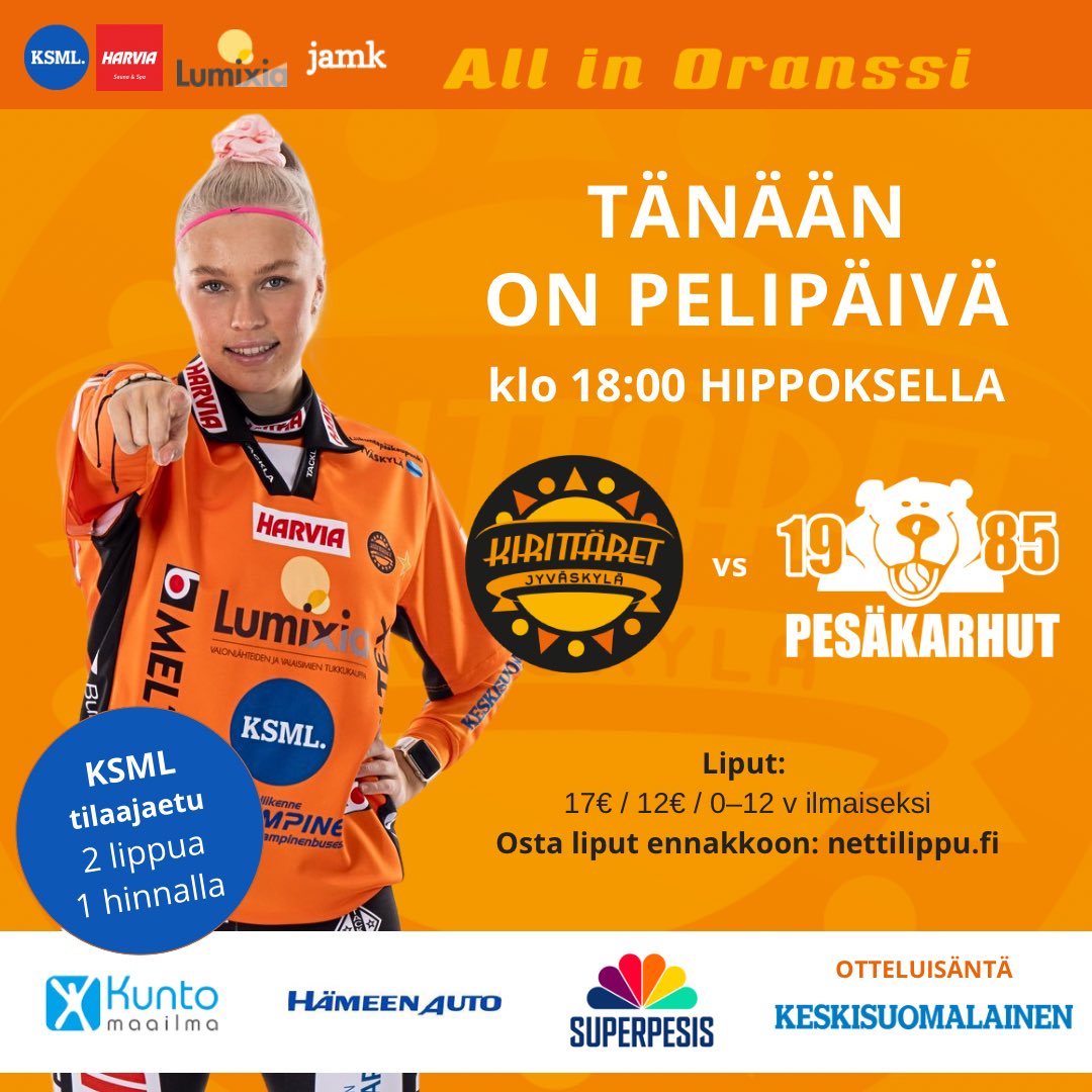 PERJANTAI JA PELIPÄIVÄ! 🔥 Ilmassa on Itä-Länsi -tunnelmaa, kelit kohdillaan ja lisäkatsomot käytössä! 

Nappaa liput ennakkoon nettilippu.fi ja suuntaa Hippokselle 😎 Tehdään Hippoksesta oranssi! 

#pesis #superpesis #jyväskylä #liikuntapääkaupunki #kirittäret