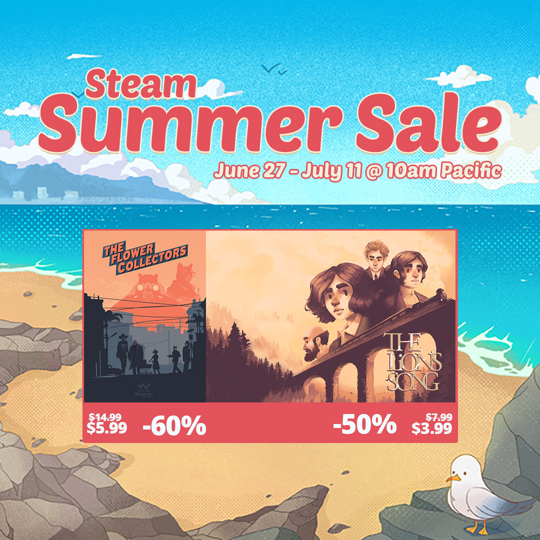 Mipumi's tweet photo. 🏖️Get ready to join the @Steam Summer Sale 🕶️ 
Have fun with 📸 The Flower Collectors &amp; 🎻 The Lion's Song at a beach close to you!

Enjoy both games for a greatly reduced price &amp; save some coins for cocktails! 💰 https://t.co/74qKYdGVFR