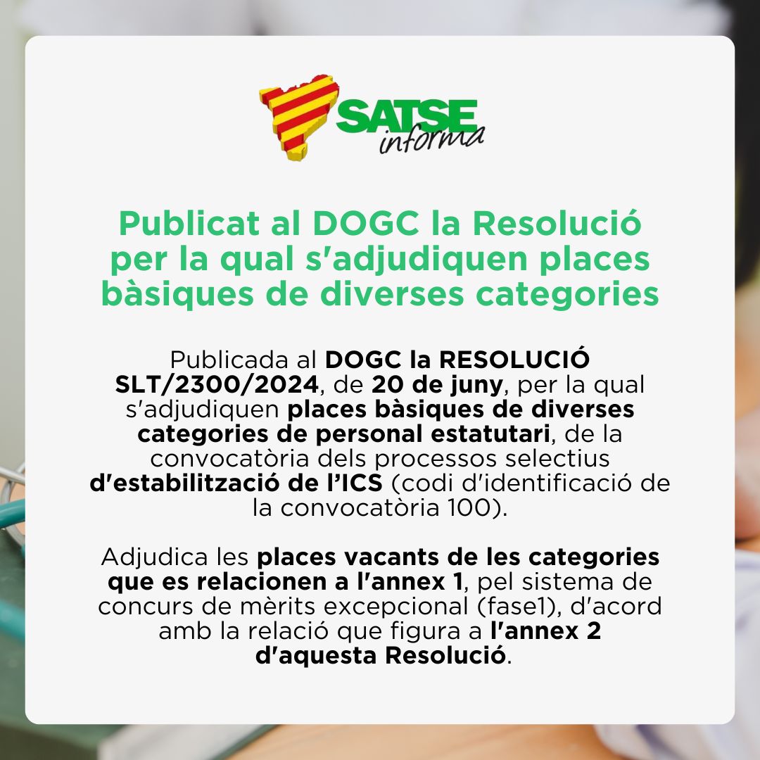SATSECatalunya's tweet photo. 👉 #OPOSICS Oposicions d'Estabilització: publicat al DOGC la Resolució per la qual s'adjudiquen places bàsiques de diverses categories. Llegeix més a l'enllaç: https://t.co/iU6CXC5Ov1 #SATSEInforma #SATSECatalunya https://t.co/7sPjghAyLj