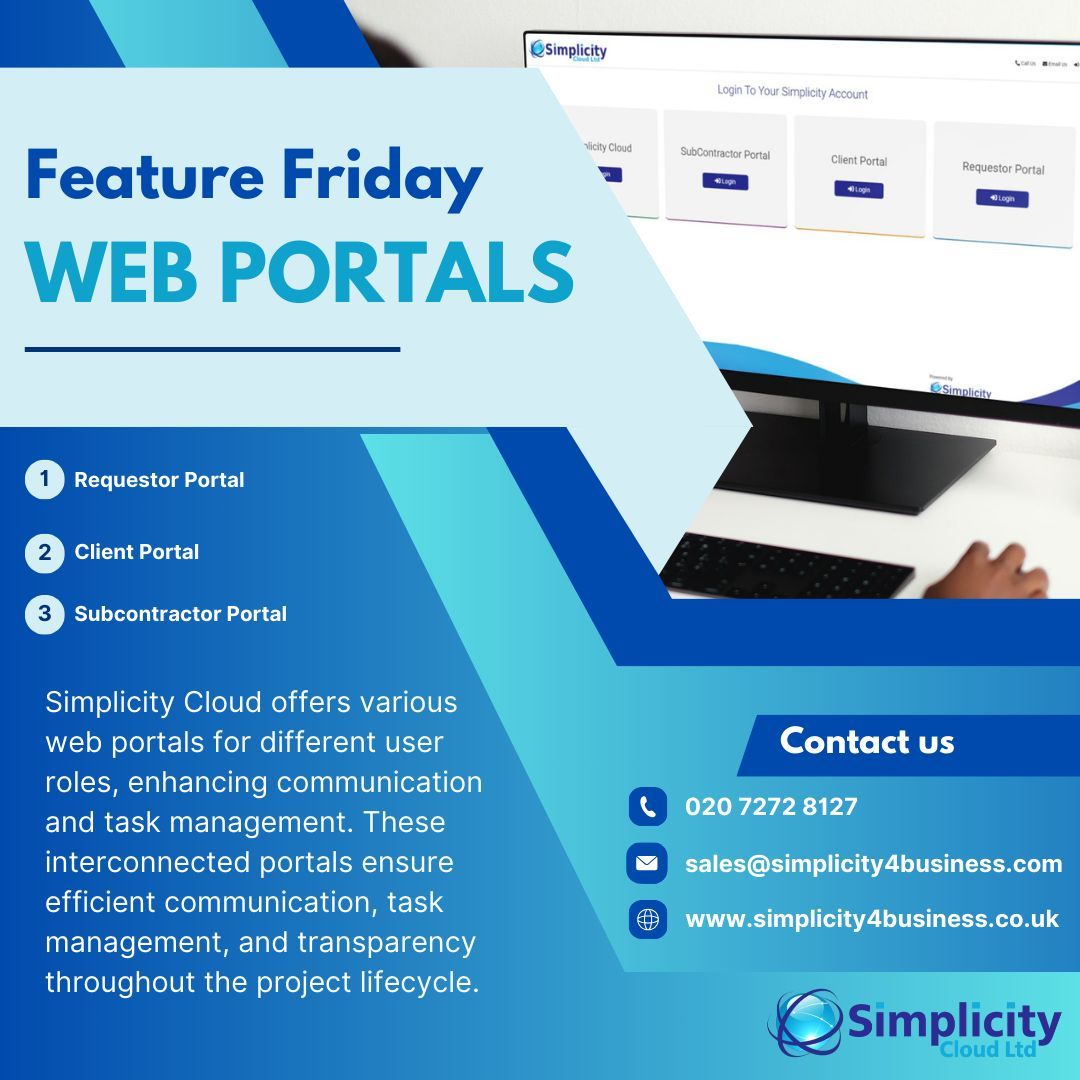 Simplicity4Bus's tweet image. ✨🌐 Feature Friday: Web Portals🌐✨
Simplicity Cloud offers various web portals for different user roles, enhancing communication and task management. 💻✨ Contact us sales@simplicity4business.com or call +44 (0) 207 272 8127. #FeatureFriday #SimplicityCloud