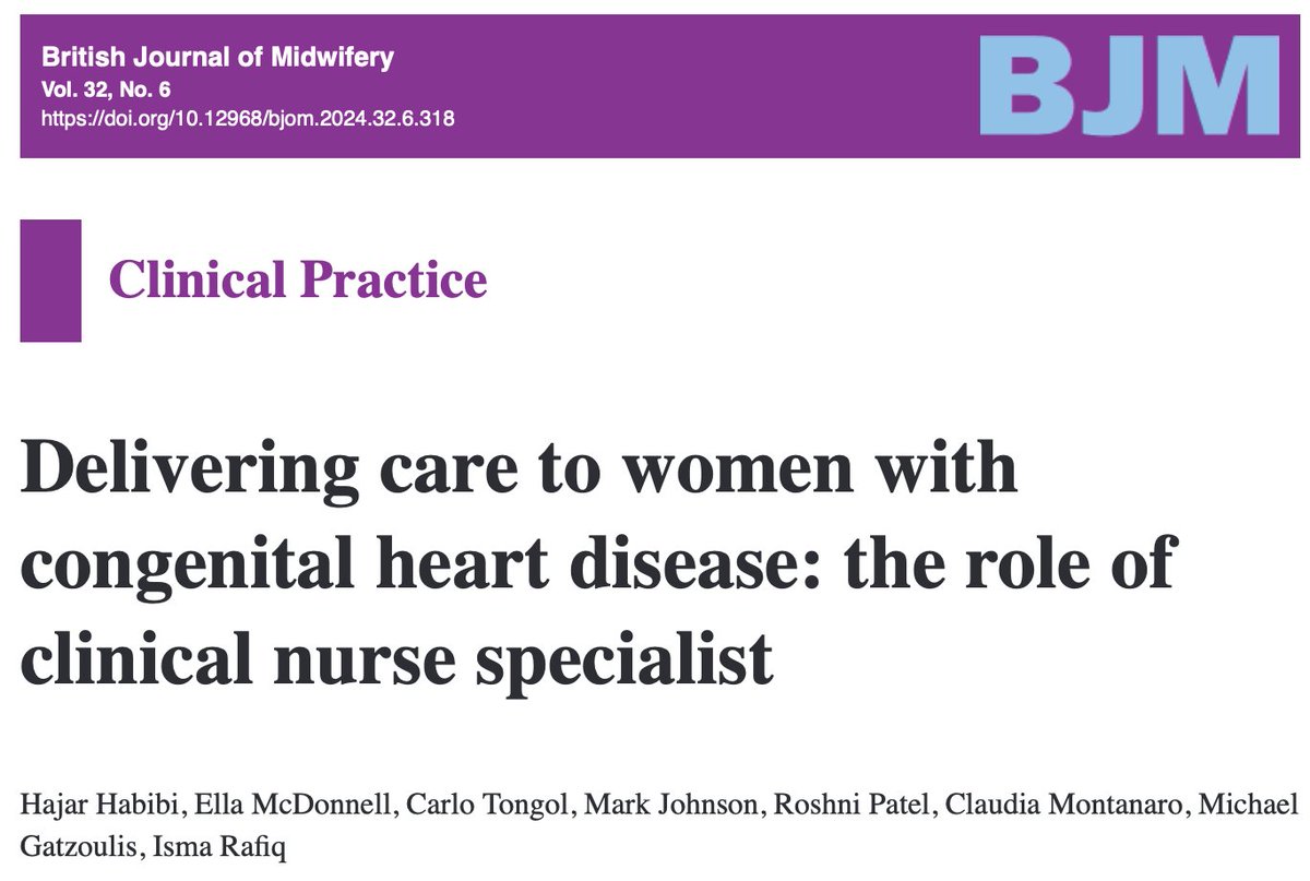 <a href="/BJMidwifery/">BJM</a> Delivering care to women with congenital heart disease: the role of clinical nurse specialist #CNS

Hajar Habibi &amp; colleagues describe the history &amp; development of the #CardioObstetrics service &amp; the role of the #ACHD #CNS in preconception, pregnancy &amp; postpartum