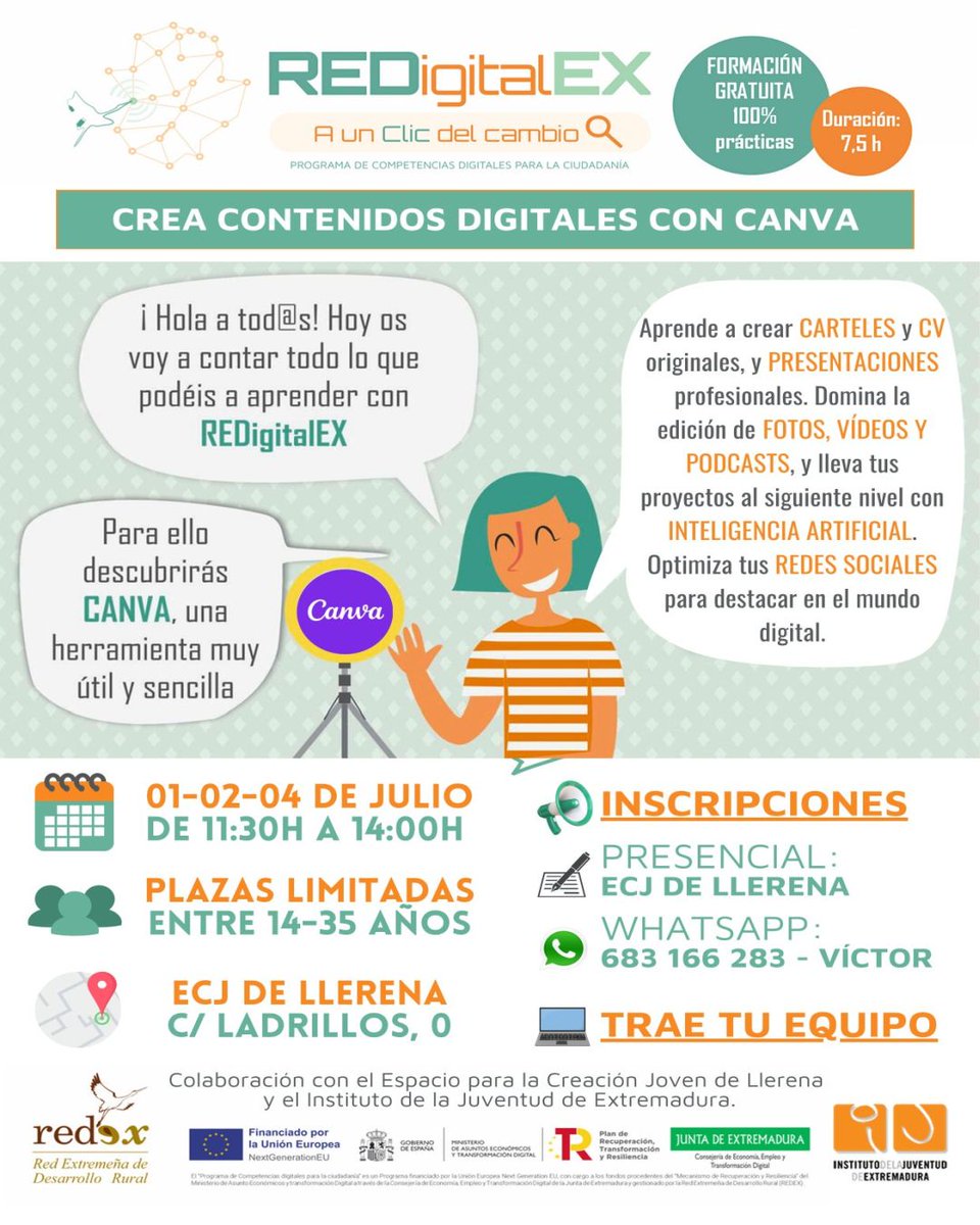 IJExtremadura's tweet photo. Empiezan los talleres que durante el verano llenarán de #nuevastecnologías nuestros #ECJs y #Factorías gracias a la colaboración con #Redex. 
🔛Si quieres aprender a crear contenido con Canva el 1️⃣, 2️⃣ y 4️⃣ pasa por #ECJLlerena.
Apúntate en el centro o por Whatsapp. https://t.co/iJm2yg6XaO