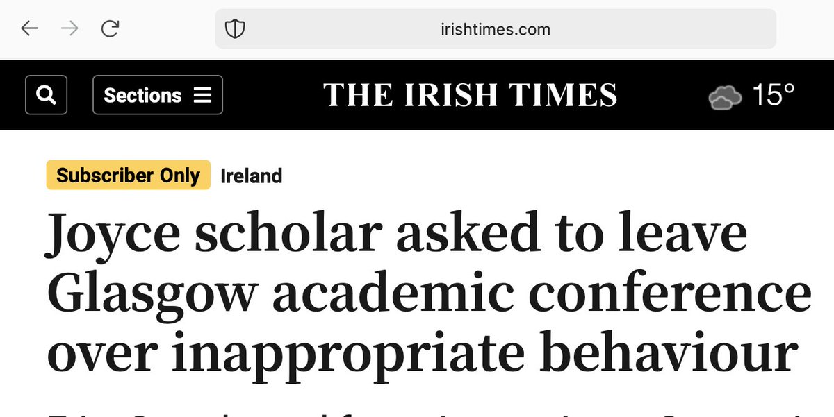 Joyce scholar asked to leave Glasgow academic conference over inappropriate behaviour
irishtimes.com/ireland/2024/0…
#IJJF24
via <a href="/ConorGallaghe_r/">Conor Gallagher</a> <a href="/DecConlon/">Declan Conlon</a> <a href="/IrishTimes/">The Irish Times</a> 
*Subscriber [to <a href="/IrishTimes/">The Irish Times</a>] only*
Thread:
x.com/ConorGallaghe_…