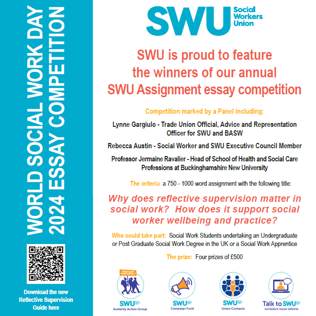 SWU_UK's tweet photo. We are delighted to announce the 4 winners of our #WSWD2024 #SWUAssignment Essay Competition - thank you to all the students and apprentices who participated this year! Each winning entrant will receive £500 and you can download a copy of their essays: https://t.co/Msk8deeGx2 https://t.co/8JeJnbCp6g