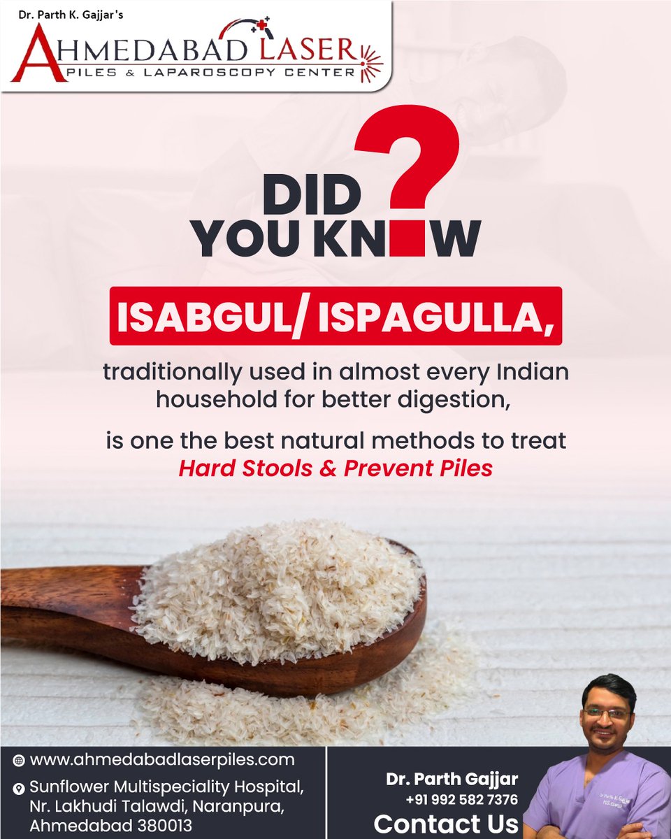 parthhospital06's tweet photo. Did you know?
Isabgul/Ispagulla, traditionally used in almost every Indian household for better digestion, is one the best natural methods to treat Hard Stools and prevent Piles.
#ParthHospitalsabarmati #ParthHospital #Isabgol #DigestiveHealth #PilesPrevention #LearnAboutHealth https://t.co/eHXZUcYa8P