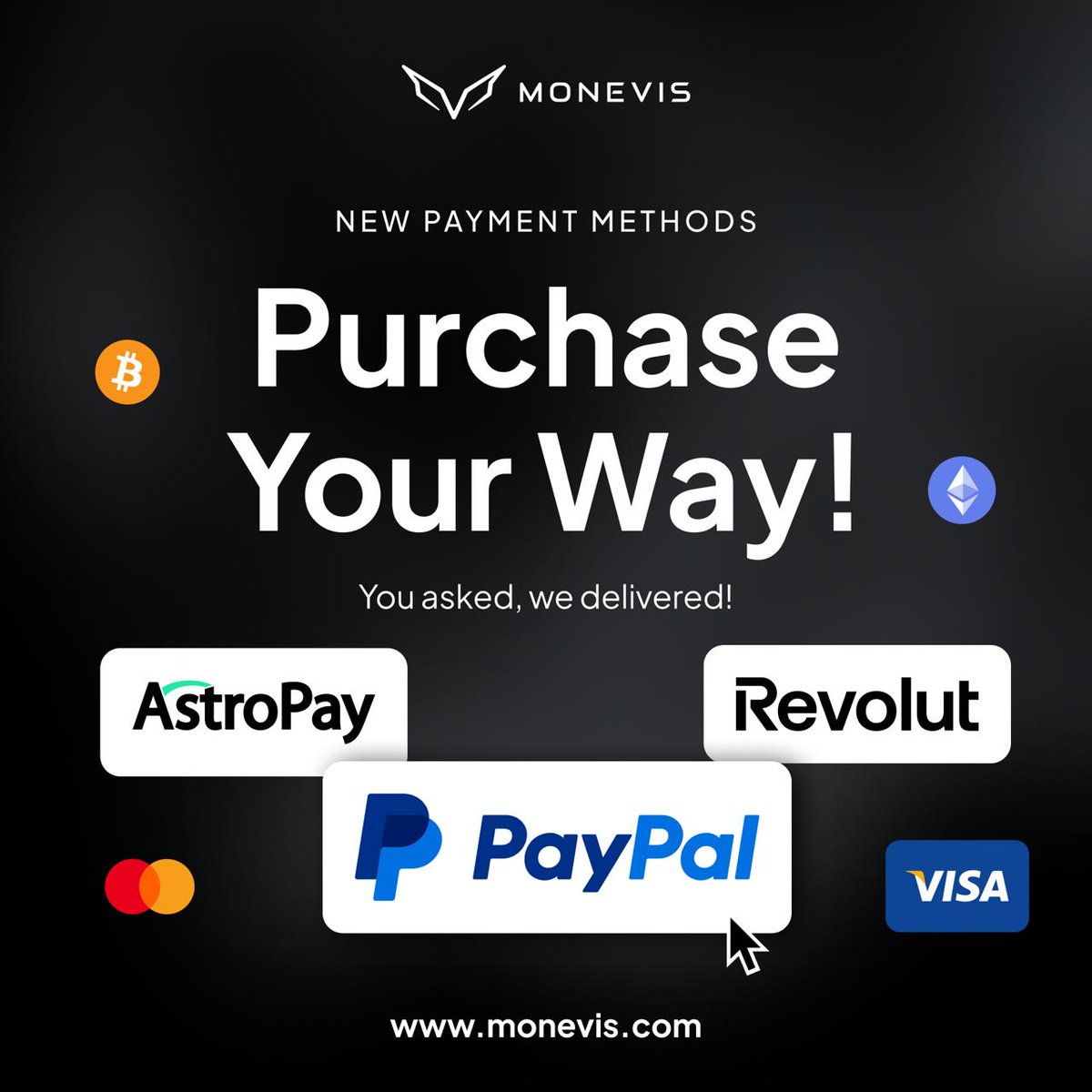 monevis's tweet photo. Exciting news! Monevis now supports a variety of new payment methods. Purchase your way with PayPal, AstroPay, Revolut, and more! Visit https://t.co/mP8LqX0ZBW. #NewPaymentMethods #Monevis https://t.co/1twavr2G13