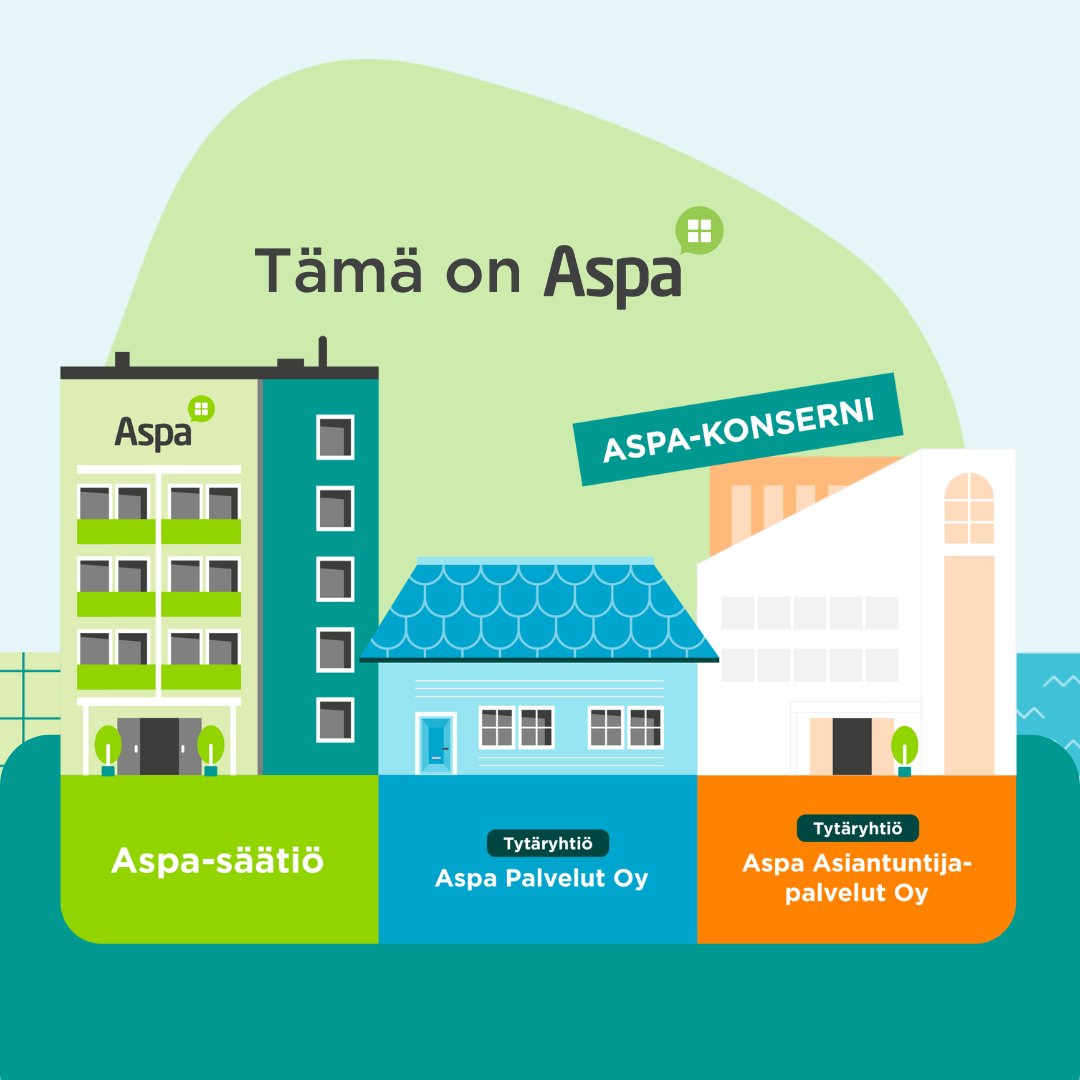 Teemme työtä sen eteen, että jokaisella olisi mahdollisuus itsenäiseen elämään. Tarjoamme vuokra-asuntoja ja yksilöllisiä asumisen palveluita. Aspan muodostavat Aspa-säätiö ja sen omistamat tytäryhtiöt: Aspa Palvelut Oy ja Aspa Asiantuntijapalvelut Oy. 👉 aspa.fi/tietoa-aspasta/