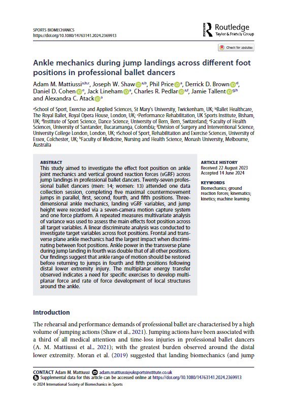 Adam Mattiussi (@adammattiussi) on Twitter photo Ankle mechanics during jump landings across different foot positions in professional ballet dancers
Our latest pub in <a href="/sportsbiomechj/">Sports Biomechanics</a>
tinyurl.com/ballet-foot-po…
🙏🏻 to co-authors <a href="/JosephShaw_/">Joseph Shaw</a> <a href="/ThePricep/">M</a> <a href="/DDBrownPhD1/">D.D. Brown</a> Jack Lineham @danielcohen1971 <a href="/pedlarcr/">Charlie Pedlar</a> <a href="/jamietallent/">Jamie Tallent</a> <a href="/a_atack2/">Alex Atack</a> Ankle mechanics during jump landings across different foot positions in professional ballet dancers
Our latest pub in <a href="/sportsbiomechj/">Sports Biomechanics</a>
tinyurl.com/ballet-foot-po…
🙏🏻 to co-authors <a href="/JosephShaw_/">Joseph Shaw</a> <a href="/ThePricep/">M</a> <a href="/DDBrownPhD1/">D.D. Brown</a> Jack Lineham @danielcohen1971 <a href="/pedlarcr/">Charlie Pedlar</a> <a href="/jamietallent/">Jamie Tallent</a> <a href="/a_atack2/">Alex Atack</a>