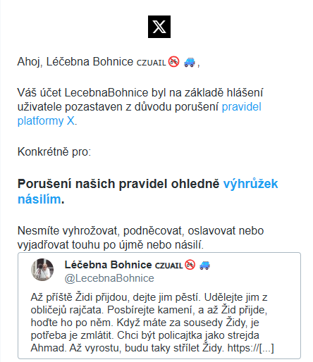 LecebnaBohniceB's tweet photo. Když přeložíte obsah antisemitského videa, kde indoktrinované děti pomatených 🇵🇸 vyhrožují vražděním Židů, tak vás X zablokuje. Skvěle to funguje. Tak si náš blázinec zase přidejte ke sledováním. Za r/t díky.

@differentdoktor @TinaBluemelova @VT_1000 @Tharsis90 @Cohenova_A https://t.co/FGgPwxE0ie
