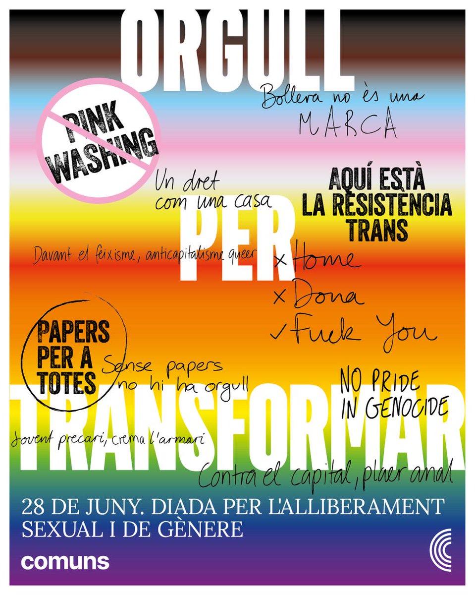 SomComuns's tweet photo. 🏳️‍🌈🏳️‍⚧️ Orgull per transformar

Enfront d'aquells que volen fer-nos tornar al passat, orgull per continuar defensant les polítiques transformadores!

Perquè no ens aturaran, seguirem vivint amb orgull per defensar els drets i llibertats aconseguits i per portar-los més enllà✊

#28J https://t.co/CWqL7TxX5n