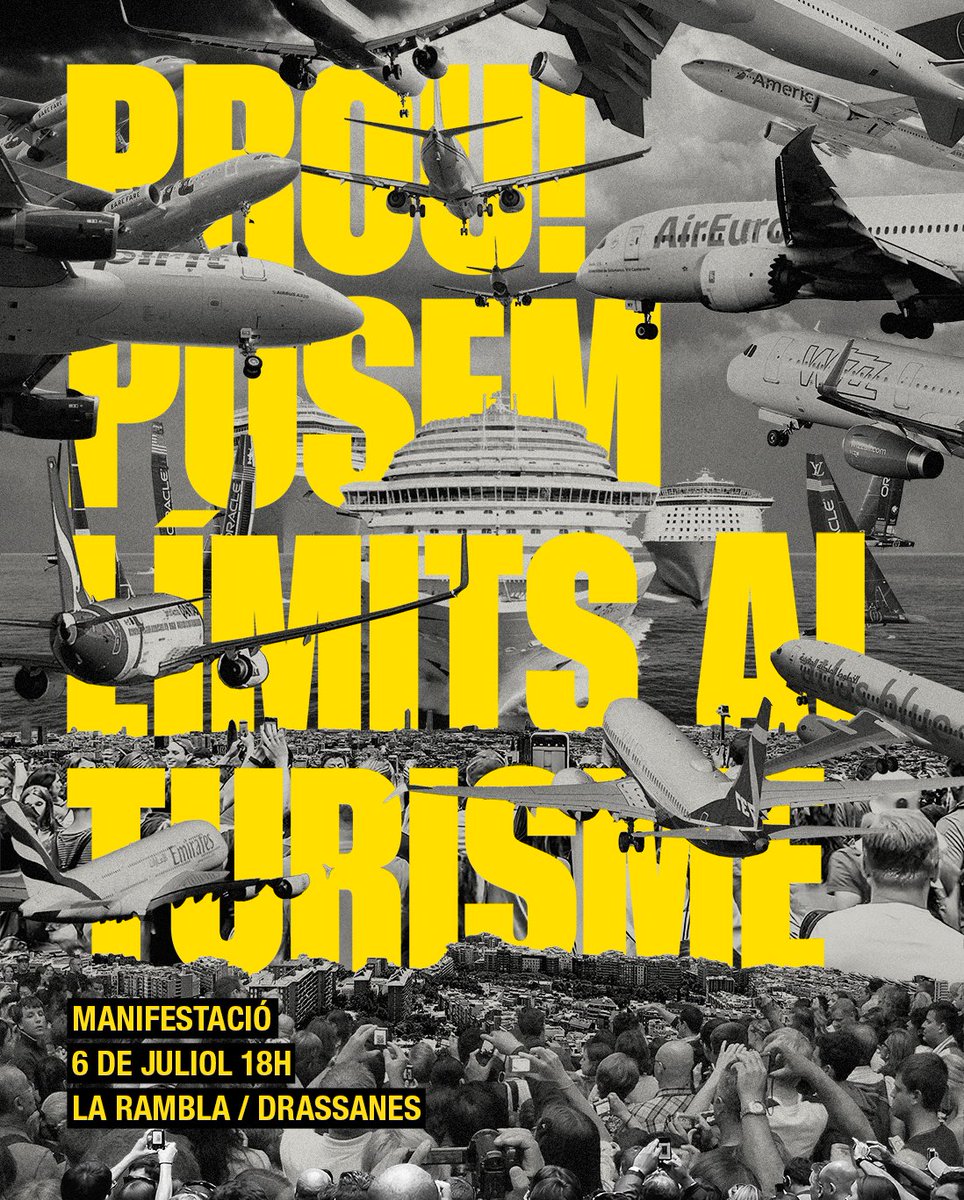 📢La setmana que ve tenim una cita important: POSEM LÍMITS AL TURISME‼️
Cal ser moltes per mostrar que Barcelona no serà una ciutat aparador. <a href="/AssBarrisDT/">ABDT #StopCreuers #SETnet #DecreixementTurístic</a>

🤸🏾‍♀️Farem columna des del barri per baixar juntes: 
📍Plaça Joan Liébana 17:30h 
 
#PosemLímitsAlTurisme 
#NoALaCopaAmèrica