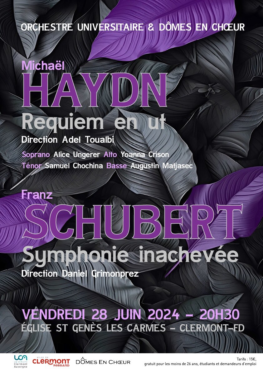 Rendez-vous ce soir à #ClermontFerrand, premier de nos deux concerts du week-end autour de Schubert, symphonie inachevée, Haydn (Michael) et son magnifique Requiem. Avec la chorale Dômes en Chœur.