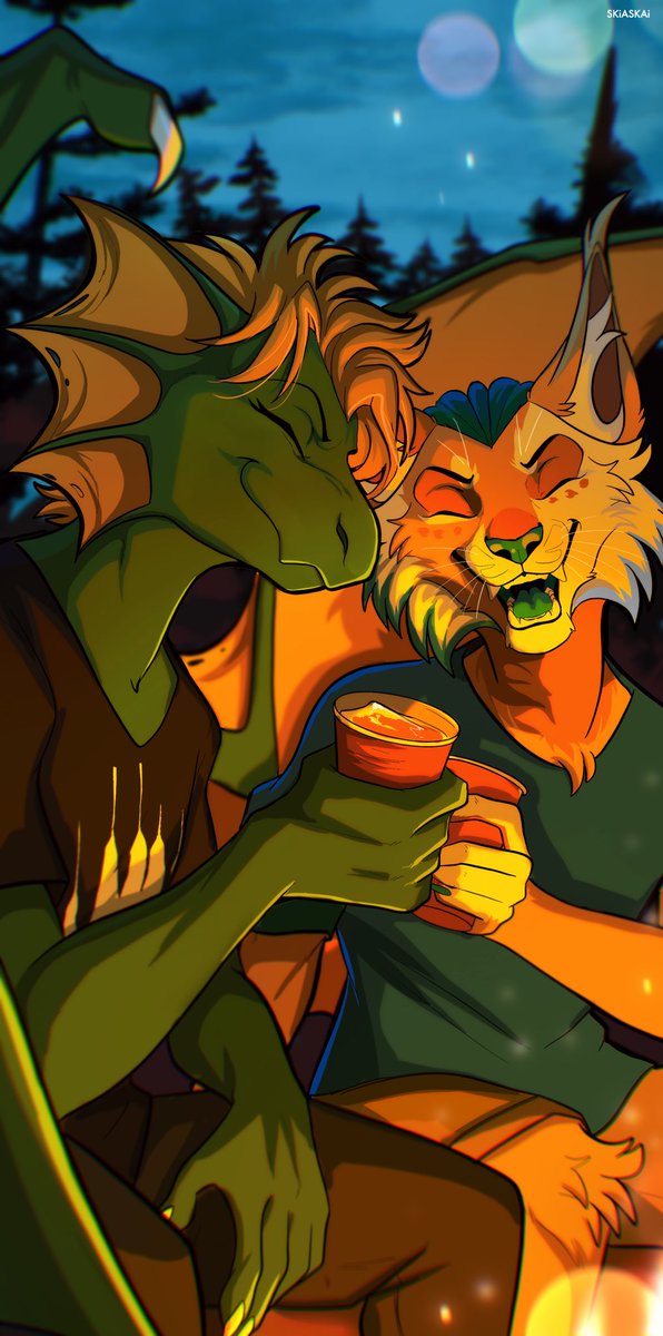 <a href="/AtroxLong/">Atrox 🐲</a> and I are ready for <a href="/FurwayCon/">Furway</a> 💛🐱🐲🌲💚

🎨: <a href="/SkiaSkai/">SkiaSkai @ BSKY</a>