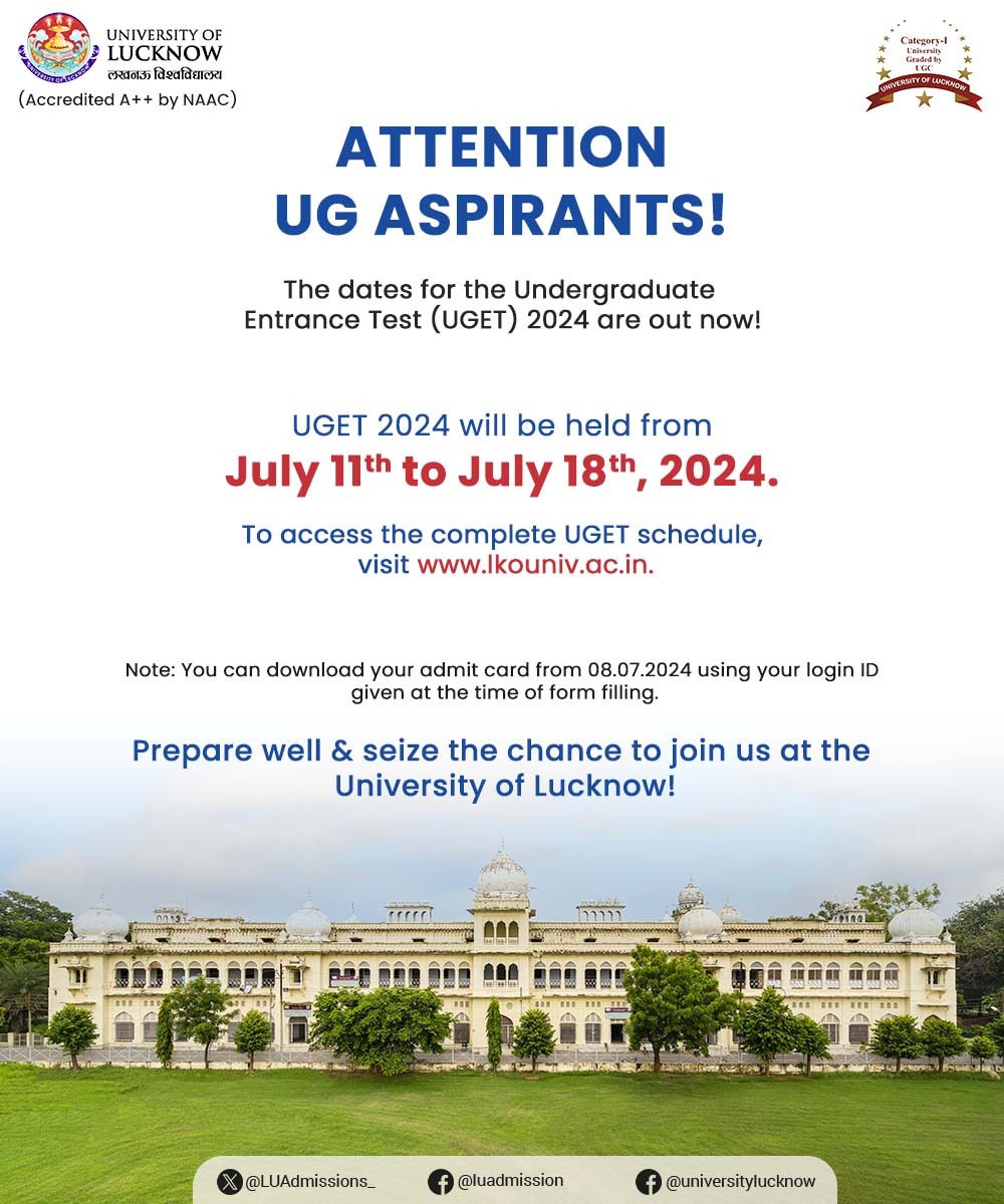 LUAdmissions_'s tweet image. The wait is over! 

The dates for UGET 2024 are finally out! Mark your calendars for July 11th to July 18th, 2024. 
Visit lkouniv.ac.in for the complete schedule and download your admit card from July 8th using your login ID. 

#UGET #EntranceExams