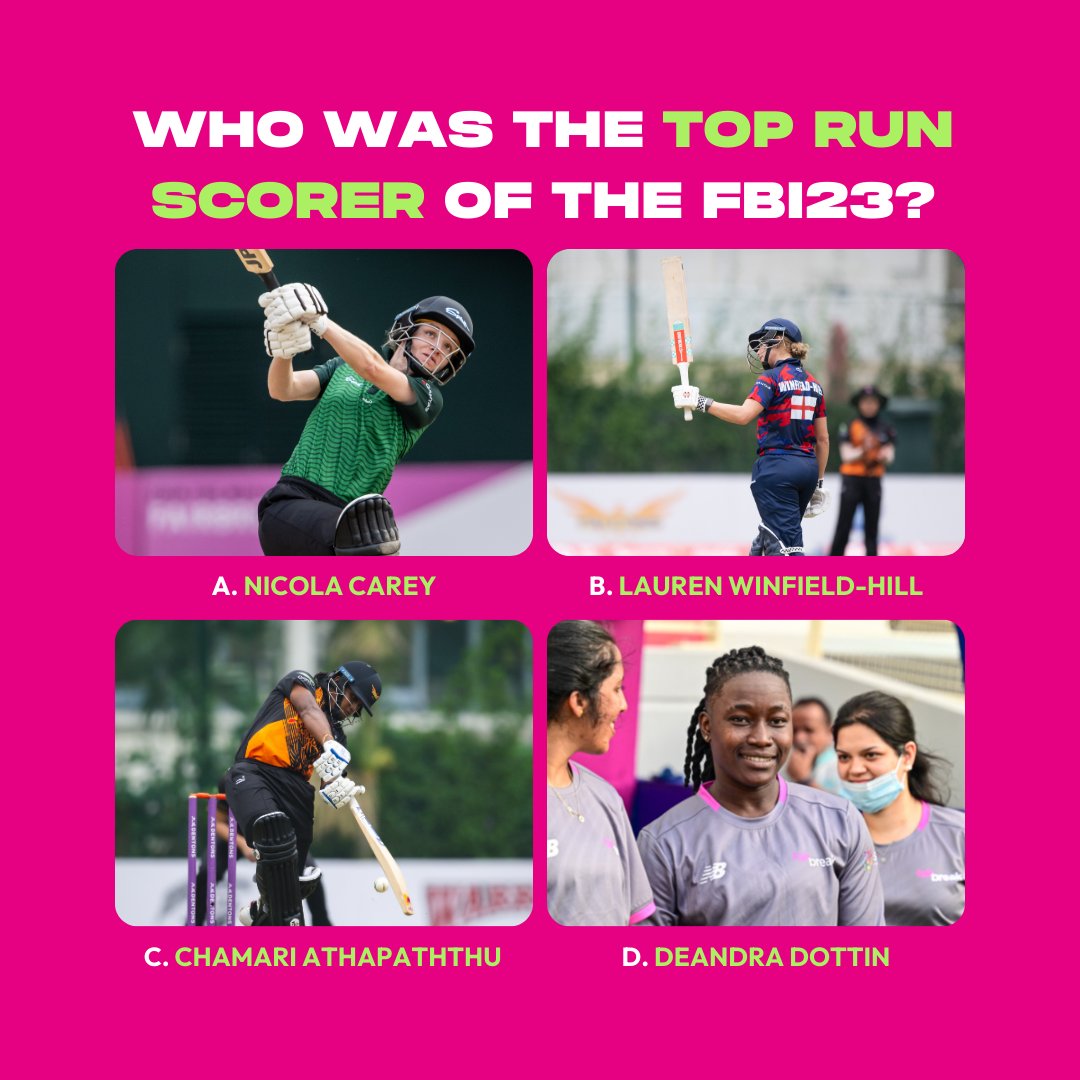Fairbreak (@fairbreakglobal) on Twitter photo Fairbreakers, put your cricket knowledge to the test 🏏
We're rewinding to the #FBI23 in Hong Kong...can you name the tournament's TOP RUN SCORER?
Drop your answer in the comments below 👇 Bonus points for the team they played for!
Statistics powered by <a href="/CricHeroes/">CricHeroes</a> Fairbreakers, put your cricket knowledge to the test 🏏
We're rewinding to the #FBI23 in Hong Kong...can you name the tournament's TOP RUN SCORER?
Drop your answer in the comments below 👇 Bonus points for the team they played for!
Statistics powered by <a href="/CricHeroes/">CricHeroes</a>