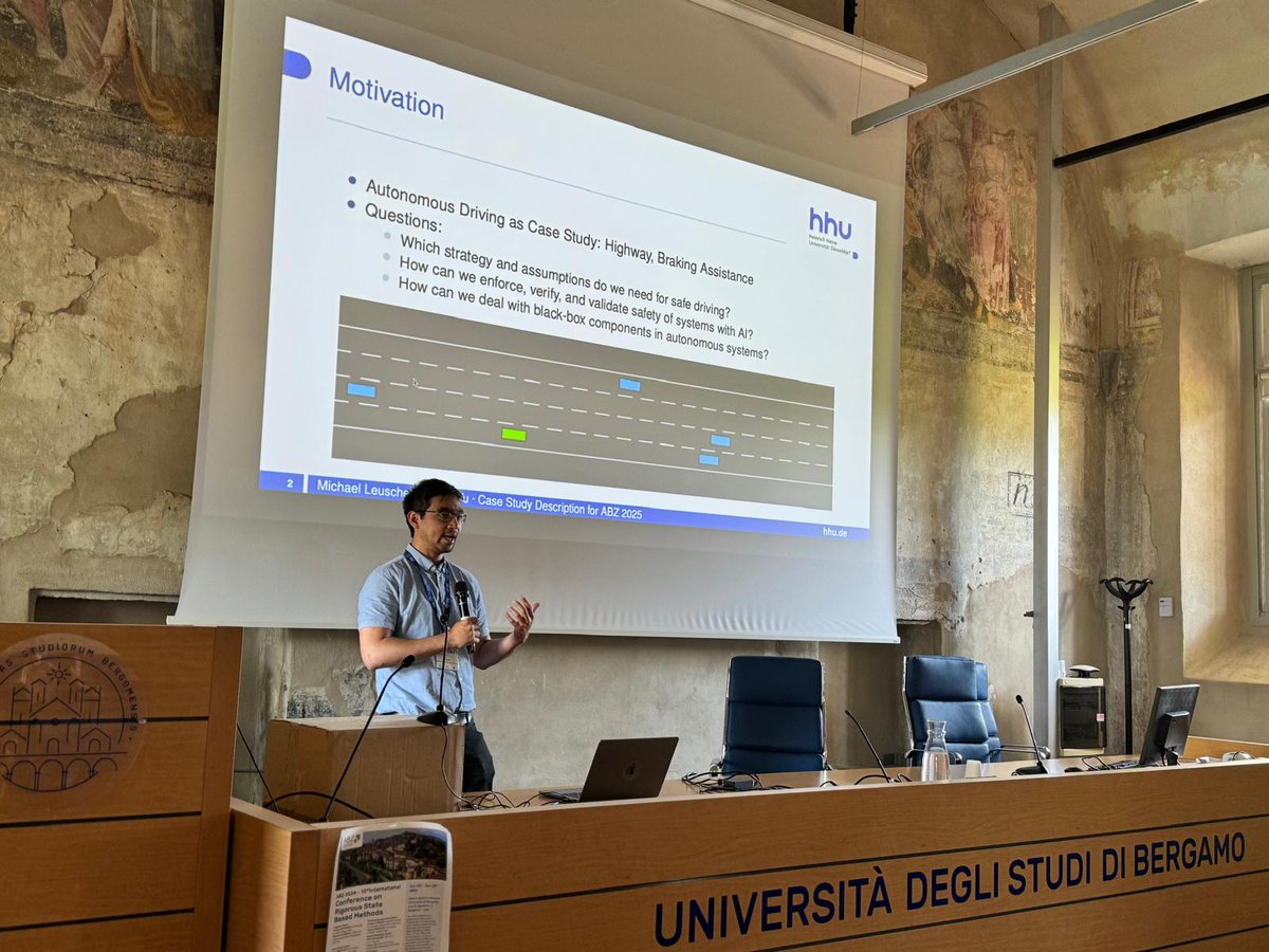 Fabian Vu <a href="/fabianvu98/">fabianvu98</a> presented the case study for #ABZ2025 which will be an autonomous driving system.

#ABZ #FormalMethods #Conference #Düsseldorf #Bergamo #AI #AutonomousDriving #Automotive #CaseStudy #Highway