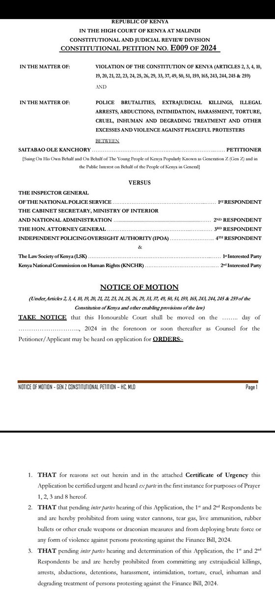 The High Court has this morning barred the police from "using water cannons, tear gas, live ammunition, rubber bullets or other crude weapons or draconian measures and from deploying brute force or any form of violence" or "committing any extrajudicial killings, arrests,
