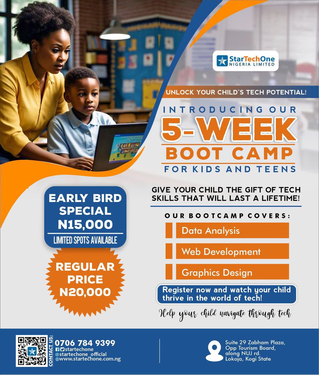 startechone's tweet image. Unleash your child’s tech potential!
Startechone presents a 5-week boot camp for kids and teens(high school students inclusive). Give your child the gift of tech skills that will last a life time!
#startechonenigerialtd #techskills #techpotential