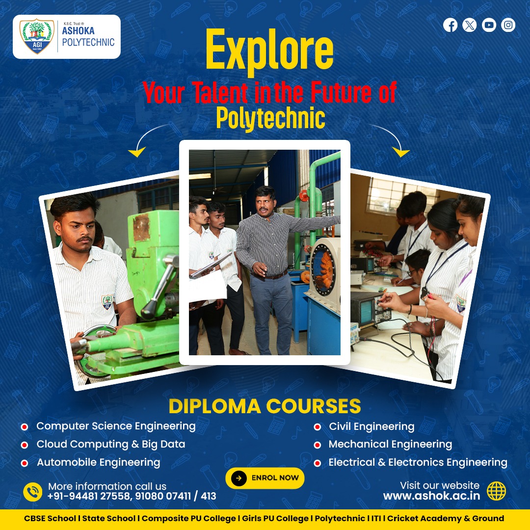 ashok_goi's tweet image. Explore your talents with Ashok Polytechnic&apos;s range of diploma courses in computer science, cloud computing, big data, automobile, civil, mechanical, and electrical engineering

Web :ashok.ac.in

#Ashok #AshokPolytechnic #DiplomaCourses #Engineering #CareerDevelopment