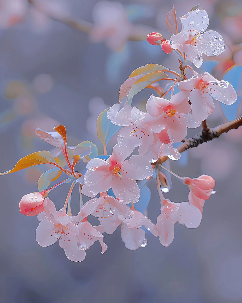 A delicate scene of beautiful flowers adorned with vibrant petals, their colors intensified by the gentle morning light. Each leaf glistens with tiny dew droplets, sparkling like miniature jewels and adding a fresh, serene charm to the natural setting.