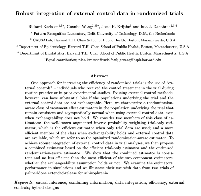 How can we safely use external data to improve statistical inference in randomized trials?

Excited to finally share this new preprint with <a href="/Guanbo17/">Guanbo Wang</a>, <a href="/jessekrijthe/">Jesse Krijthe</a>, and Issa Dahabreh that we started on during my stay in <a href="/CAUSALab/">CAUSALab</a>.

Let's dive in! 🧵

arxiv.org/abs/2406.17971