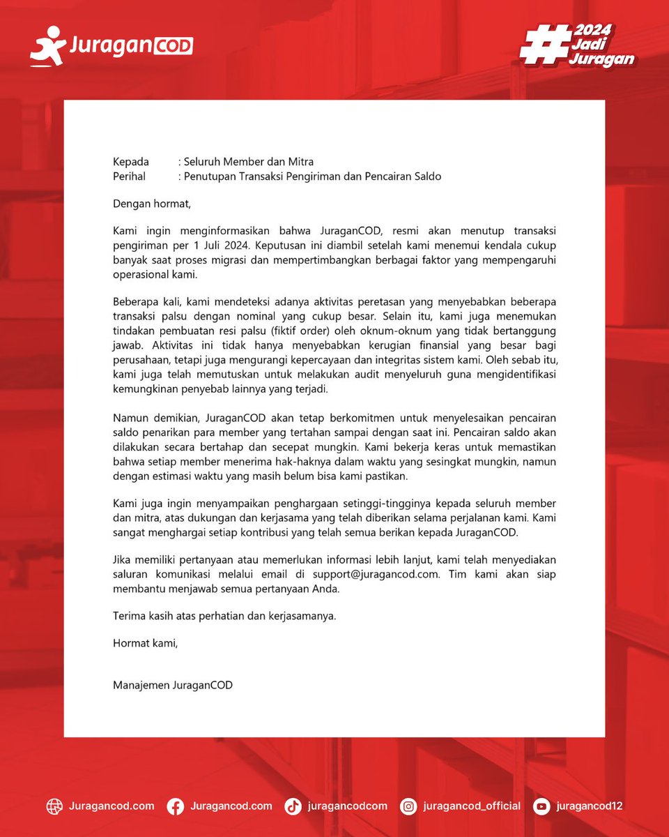 juragancodcom's tweet photo. JuraganCOD ingin menyampaikan permohonan maaf atas penutupan transaksi pengiriman per 1 Juli 2024. Kami menghargai dukungan dan kepercayaan Anda selama ini. Apabila ada pertanyaan, silahkan hubungi kami melalui email di support@juragancod.com. https://t.co/FmANjZOlUx