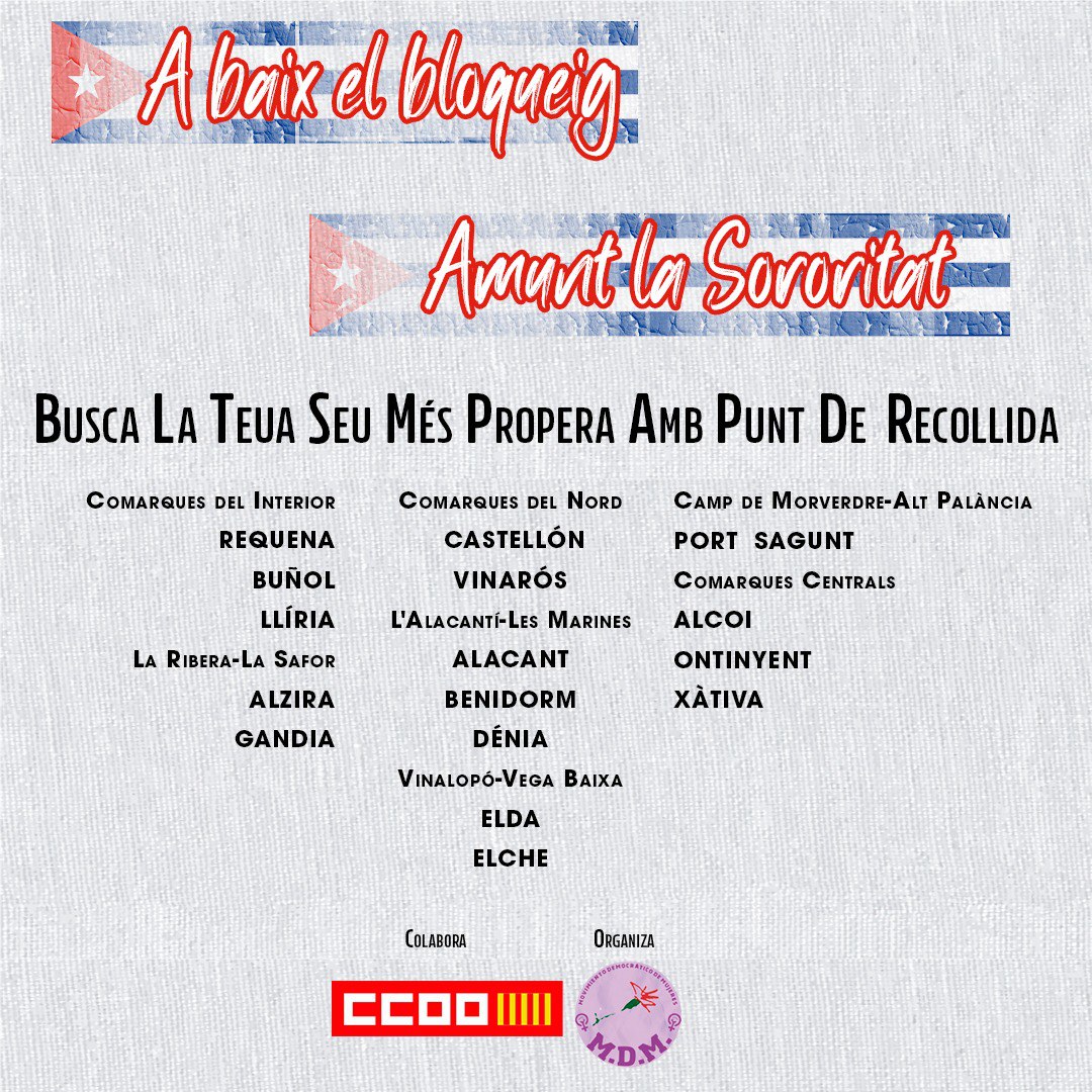 CCOOComCentrals's tweet photo. @CCOOComCentrals  col·labora amb la campanya del @MDMujeres  en favor dels drets sexuals i reproductius en #Cuba. 
+info: https://t.co/aCnhZP4Iec #AbajoBloqueoArribaSororidad
Recollim productes d'higiene menstrual i anticonceptius en👇 i els enviem a @FMC_Cuba https://t.co/cRPoqxlvuT