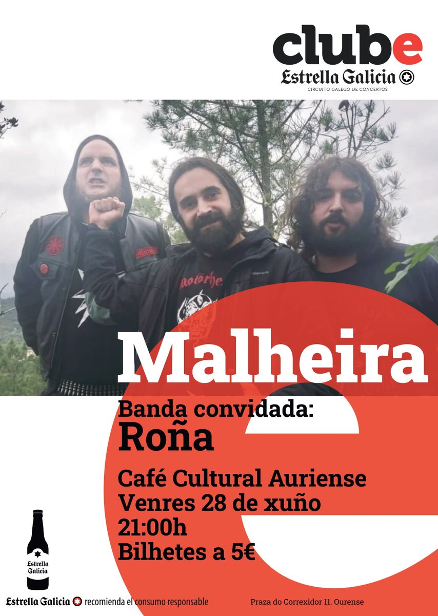 #Ourense!! Esta noite o ciclo ClubE chega ao <a href="/cafeauriense/">Cafe Auriense</a> con Roña e Malheira dispostos a dar moita caña grazas a <a href="/estrellagalicia/">Estrella Galicia</a> 
Non os perdas por só 5€
<a href="/ClubturaGalicia/">Clubtura</a> <a href="/gal_concierto/">GALICIAenCONCIERTO</a>