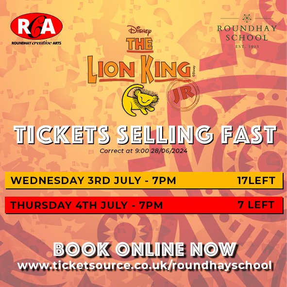 RoundhayCreativeArts (@rschcreativeart) on Twitter photo Just 24 tickets left! Don't miss your opportunity to see this ROAR-some musical!
ticketsource.co.uk/roundhayschool
<a href="/RoundhaySchool/">Roundhay School</a> Just 24 tickets left! Don't miss your opportunity to see this ROAR-some musical!
ticketsource.co.uk/roundhayschool
<a href="/RoundhaySchool/">Roundhay School</a>