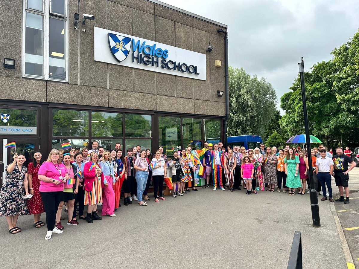 WalesHigh's tweet photo. Great start to the day! “Pride themed” music as staff gather in their rainbow colours! 🏳️‍🌈🌈 #Pride #WalesWay 💙💛 https://t.co/cHadPyccdR