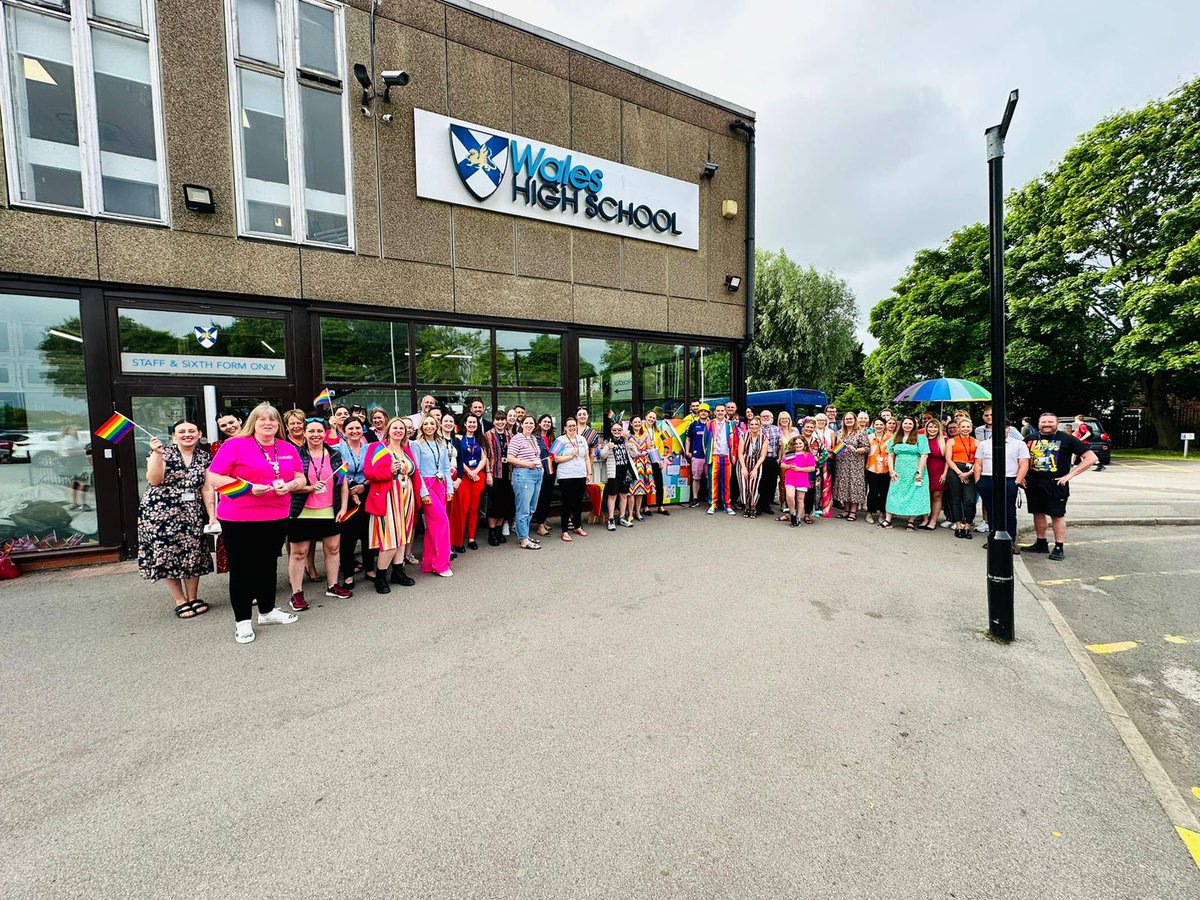 WalesHigh's tweet photo. Great start to the day! “Pride themed” music as staff gather in their rainbow colours! 🏳️‍🌈🌈 #Pride #WalesWay 💙💛 https://t.co/cHadPyccdR