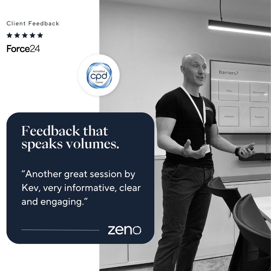 100% Employee Engagement!

zeno’s Senior Wellbeing Coach Kevin Meredith recently delivered a seminar on 'Physical Activity for Mental Health' <a href="/Force24uk/">Force24</a> , and received an outstanding 100% office attendance.

Let's partner to replicate this success!
hello@zenohealthgroup.com