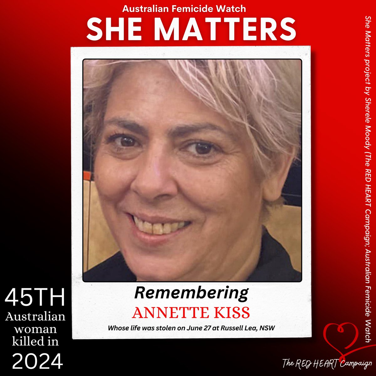 MapFemicide's tweet photo. ❤️SHE MATTERS: ANNETTE KISS!❤️

June 27, 2024:  55-year-old business owner Annette Kiss was murdered in her home at Russell Lea in NSW yesterday. Today her male housemate was charged with her killing. Annette is the 45th Australian woman killed this year. https://t.co/yG0ayqLCsK