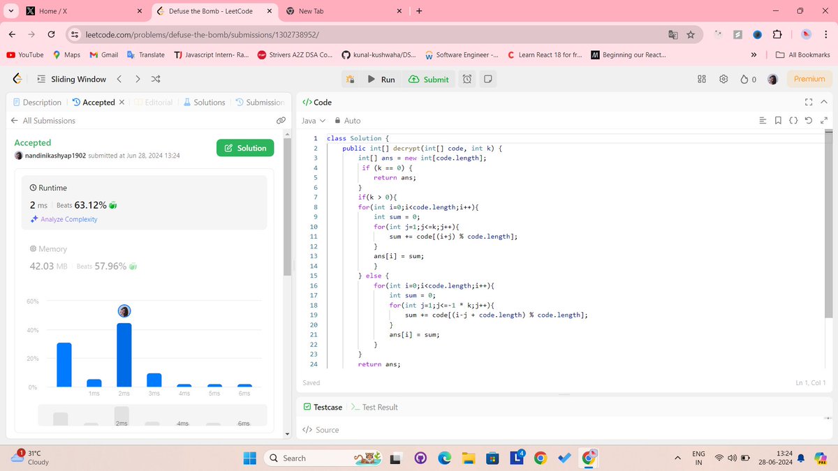 Nandini90386532's tweet photo. Hi all! today is 23rd day of #30daysofleetcode #30daysofdsa
here's the problem:-
Defuse the Bomb(sliding window)
#connect #dsa #java #logicbuilding #problemsolving https://t.co/R4lREbQnGR