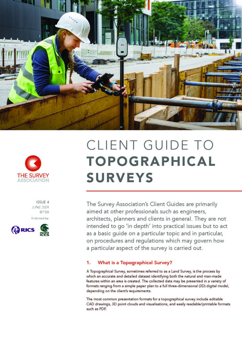 An updated and revised version of TSA's Client Guide on #Topographical Surveys is now available to download. 

It has been endorsed by both <a href="/RICSnews/">RICS</a> and <a href="/CharteredICES/">CharteredICES</a>  as part of a lengthy and thorough review process.  

Download for free here: tsa-uk.org.uk/resources/down…
