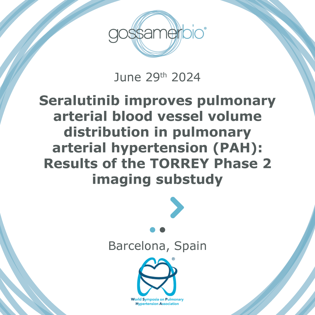 GossamerBio's tweet photo. Don't miss our 2 posters at the World Symposium on Pulmonary Hypertension (WSPH) 2024 this Saturday!
You can visit the posters all day. Swipe below to read the exciting work Gossamer Bio is presenting. #WSPH2024 #PulmonaryArterialHypertension #PulmonaryHypertension #GossamerBio https://t.co/AL26lJr3dT