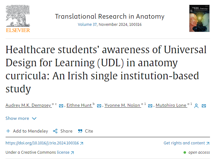 mutahira_lone's tweet photo. Thrilled to have another UDL paper published @amk_dempsey @yvonnemnolan @MindMeMindYouIE #UDL #anateduc @aheadireland @UDL_Center @ForumTL @AnatNeuroUCC https://t.co/YrLoNJidRR