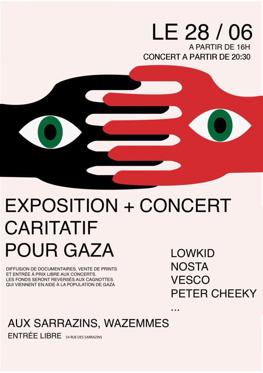 DansLaCiudad__'s tweet photo. Nos lillois c’est le moment d’agir : EXPOSITION + CONCERT CARITATIF POUR LA PALESTINE 🇵🇸

Retrouvez notre scène locale avec LowKid, Nosta, Vesco et encore Peter Cheeky.

📍 Aux Sarrazins, Wazemmes
📆 Ce soir https://t.co/FfIeovdA0m