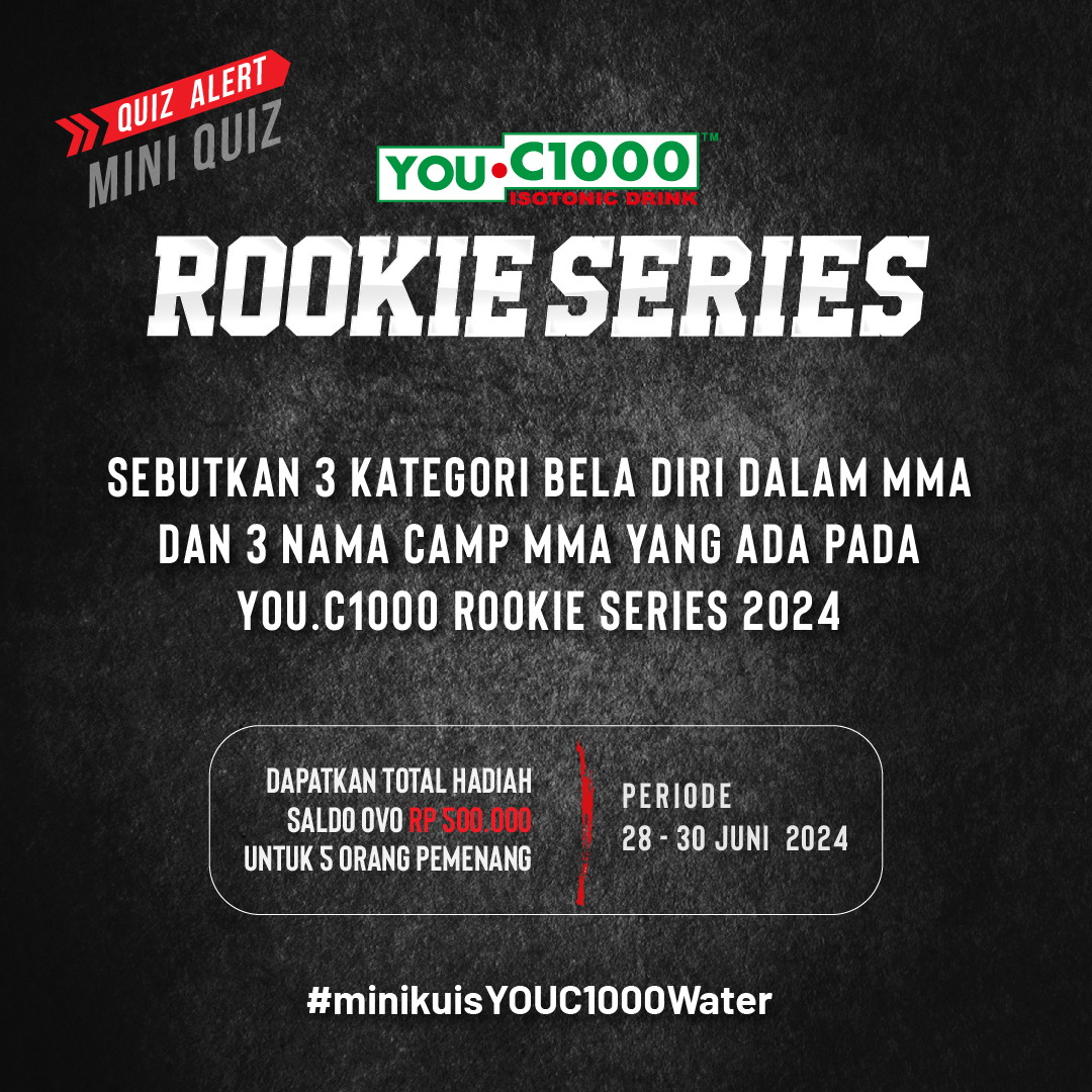 Buat kamu yang sering mantengin sosmed <a href="/youc1000water/">YOU.C1000 Water</a> pasti tahu dong event yang diselenggarakan oleh kami ditahun ini apa aja. Nah coba ikutan tebak kuis berikut yuk! Sebutkan 3 kategori bela diri dalam MMA dan 3 nama Camp MMA yang ada pada YOU.C1000 Rookie Series 2024