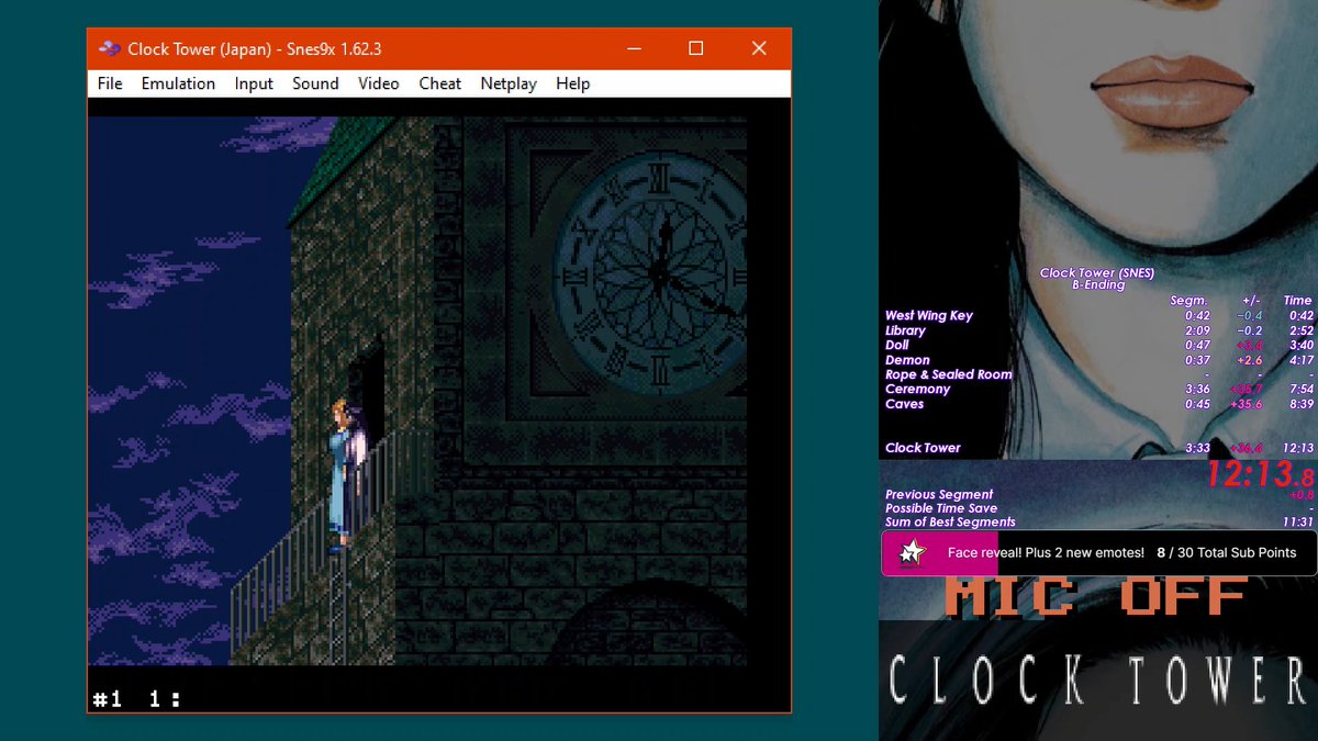 Shauing's tweet photo. Surprise PB/3rd place in Clock Tower SNES S-Ending! Started as a B-Ending WR attempt, but switched when doll didn't give the ideal pattern. Despite that, plus two other bad rooms, I still PBd by around 3.6 seconds! Mistakes cost me 6-7 seconds, so maybe WR? Only time will tell... https://t.co/p7x91Znwdp