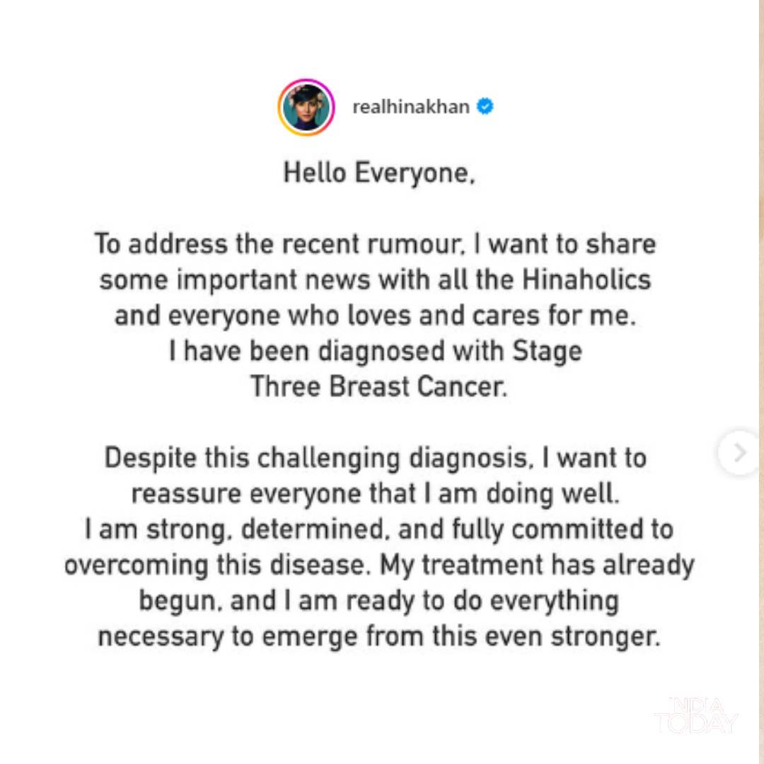 Hina Khan is diagnosed with stage 3 breast cancer, undergoing treatment. 

This is so shocking, please everyone pray for her speedy recovery. Sher Khan can beat cancer!