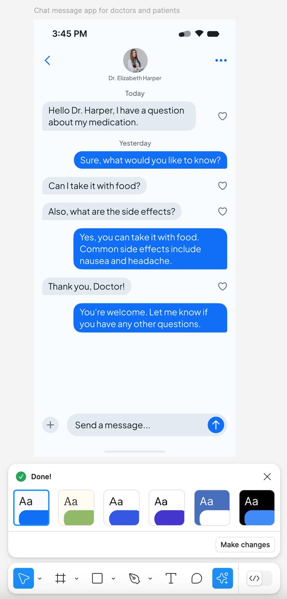 ivoduits's tweet image. Exploring the new Figma AI Function 🫶
A simple prompt: "Chat message app for doctors and patients" generates a design with  auto layout en editable spacing, and much more. 🔥

Even the text copy is great (only today/yesterday is mixed up)

#figma #ai #figmaconfig2024