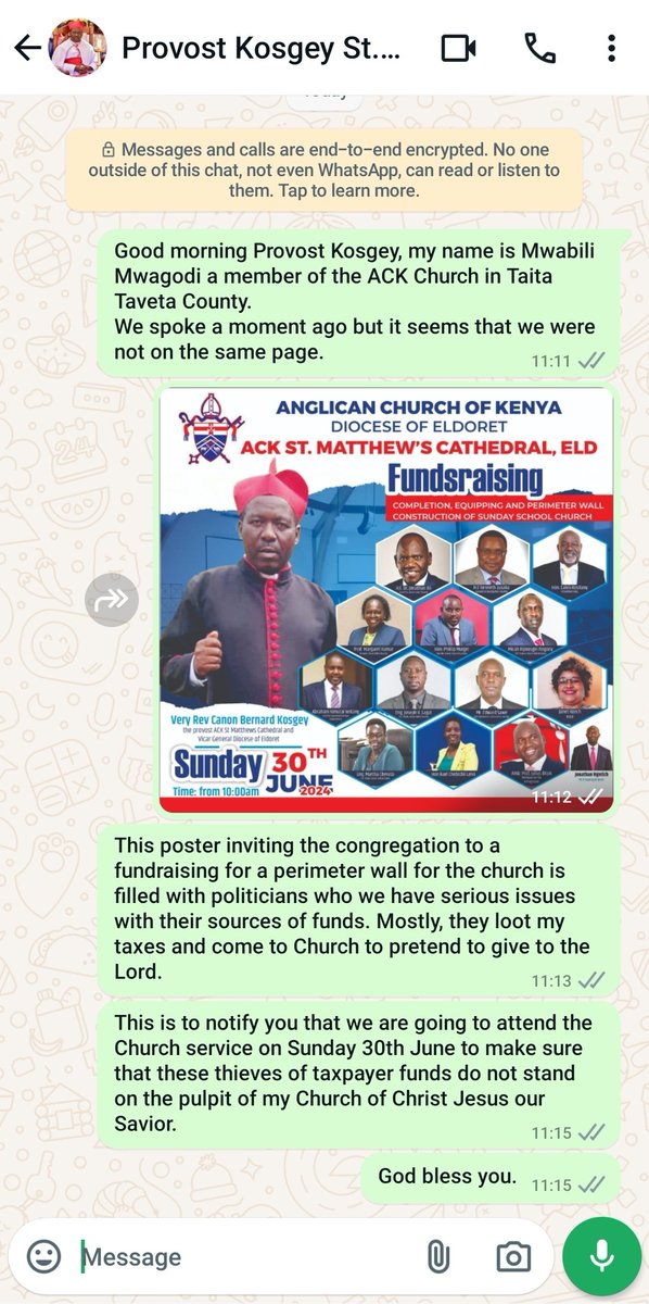 mwabilimwagodi's tweet photo. Thank you very much members of ACK St. Mathews Eldoret for Provost Kosgey's number. I have sent him a text finally after speaking to him on the office line. https://t.co/Wl830iOSrZ