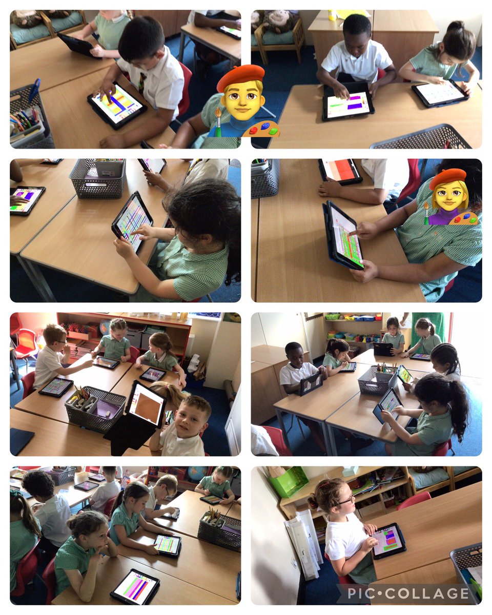 3StHerberts's tweet image. During our computing sessions, Class 3 have been looking at different styles of art. This week, we looked at the style of Piet Mondrian. The children listened to some music and interpreted how they felt through his style. #StHerbertsComputing #StHerbertsArt