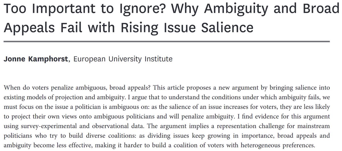🚨When are voters critical of vague, ambiguous political parties and candidates?🚨

My new paper, just out in the <a href="/The_JOP/">Journal of Politics @jop@sciences.social</a>, finds that as voters find issues more important, they penalize a lack of clarity. 

Link: doi.org/10.1086/729956

🧵⬇️