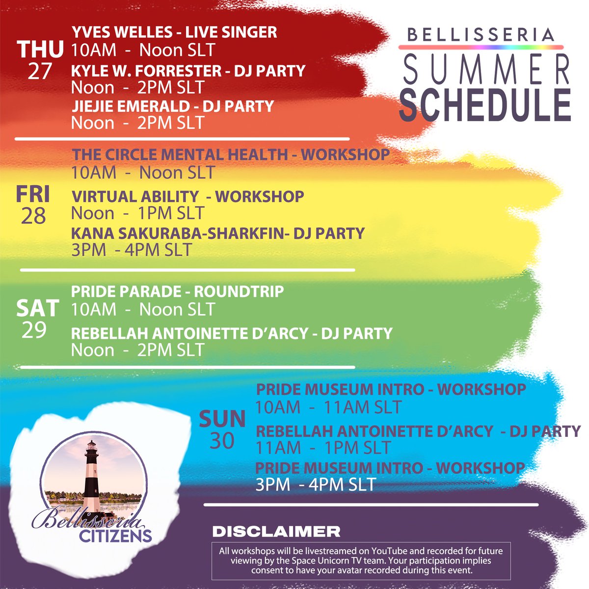 SimonRGarrison's tweet photo. Coming up at "Summer in #Bellisseria" in #SecondLife

Friday 28th June from 10 am SLT. Workshops by The Circle Mental Health  and Virtual Ability with a DJ Party afterwards at https://t.co/GGx1RVzmEq

#SecondLifeDestinations #VirtualWorlds #Metaverse #Pride #PrideParade #LGBTQIA https://t.co/wFUpl2PZ9D