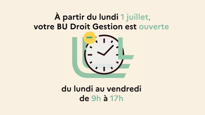 BULilleDG's tweet photo. 📢 Demain, dernier samedi d'ouverture de l'année ! À partir de lundi jusqu'au 02/09, votre BU passe en mode été : ouverte du lundi au vendredi, de 9h à 17h. Profitez-en ! ☀📚 #InfoBU #HorairesÉté https://t.co/XoWlS1n4J2