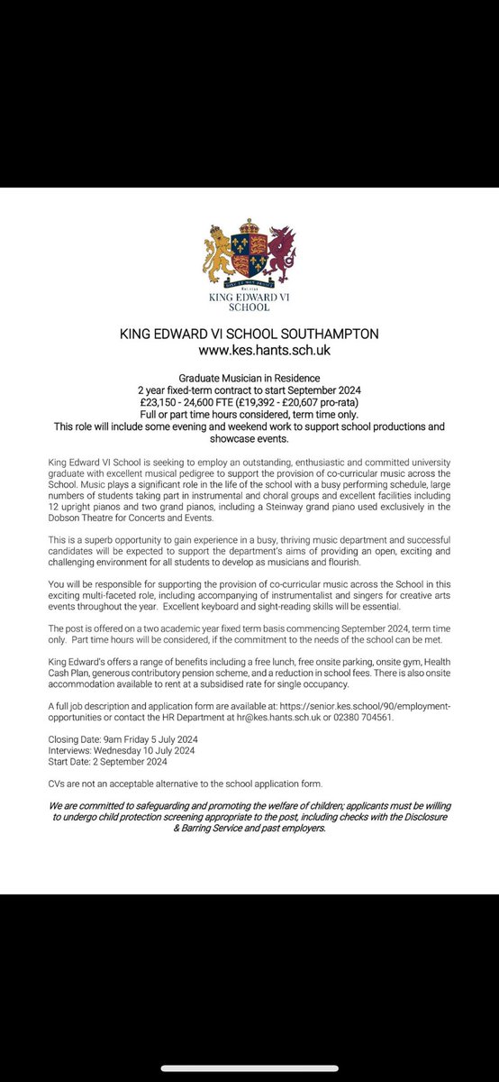 Our wonderful Graduate Musician, Matthew Kelley has been poached!  Do get in touch if you’d like further information about being his successor.  Please do share this with interested parties! 

senior.kes.school/90/employment-…