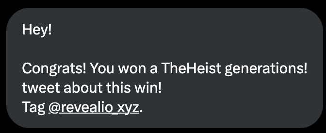 LFG!! Just won a TheHeist generations!
So dope, thanks fam 🤌 <a href="/revealio_xyz/">Revealio</a>