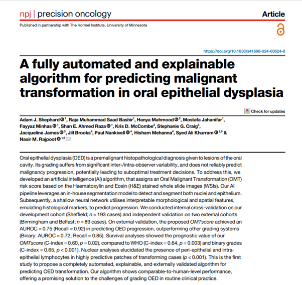 Adam Shephard (@adamshephard11) on Twitter photo 🚀 Excited to share that our latest research in predicting malignant transformation in oral epithelial dysplasia (OED) has just been published in <a href="/Nature_NPJ/">npj Journals</a> Precision Oncology!
Check out our paper and code below👇👨💻
lnkd.in/ehg_KWRq
lnkd.in/ejbmKgpJ 🚀 Excited to share that our latest research in predicting malignant transformation in oral epithelial dysplasia (OED) has just been published in <a href="/Nature_NPJ/">npj Journals</a> Precision Oncology!
Check out our paper and code below👇👨💻
lnkd.in/ehg_KWRq
lnkd.in/ejbmKgpJ